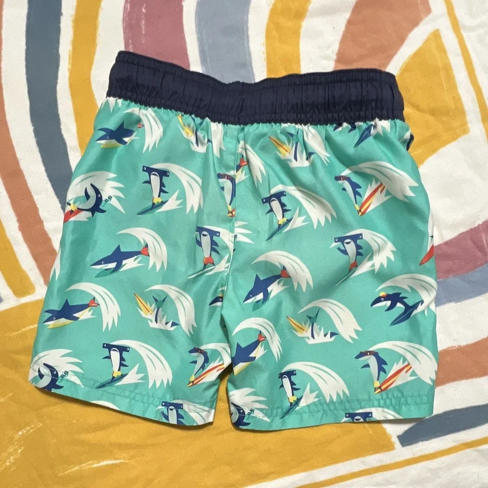 Cat & Jack Boys Shark Print Swim Trunks 4T Green Blue White Drawstring Lined